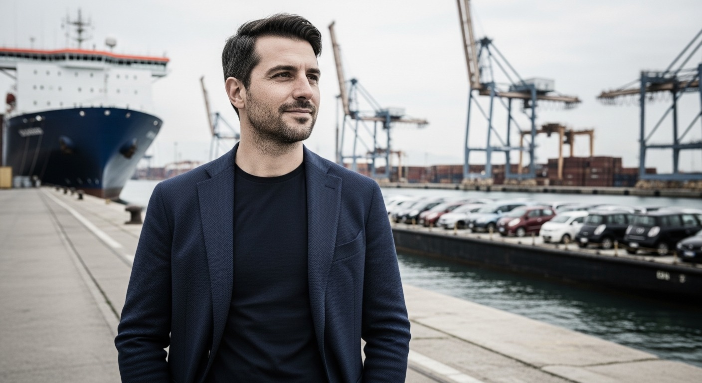 Porto con veicoli in attesa di trasporto verso l'Italia — logistica import EU