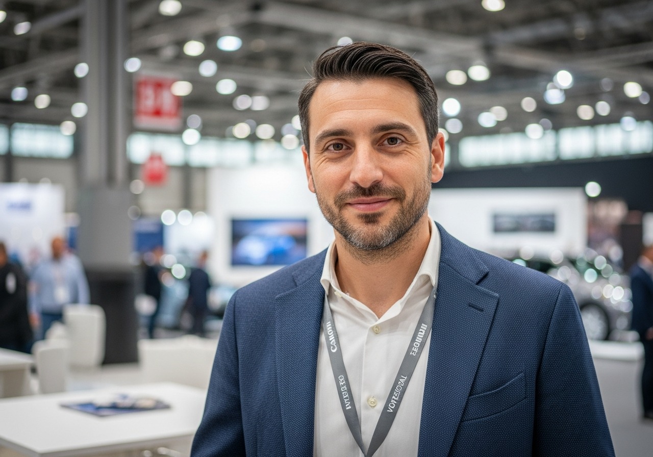 Luca Ferretti alla fiera automobilistica europea con badge