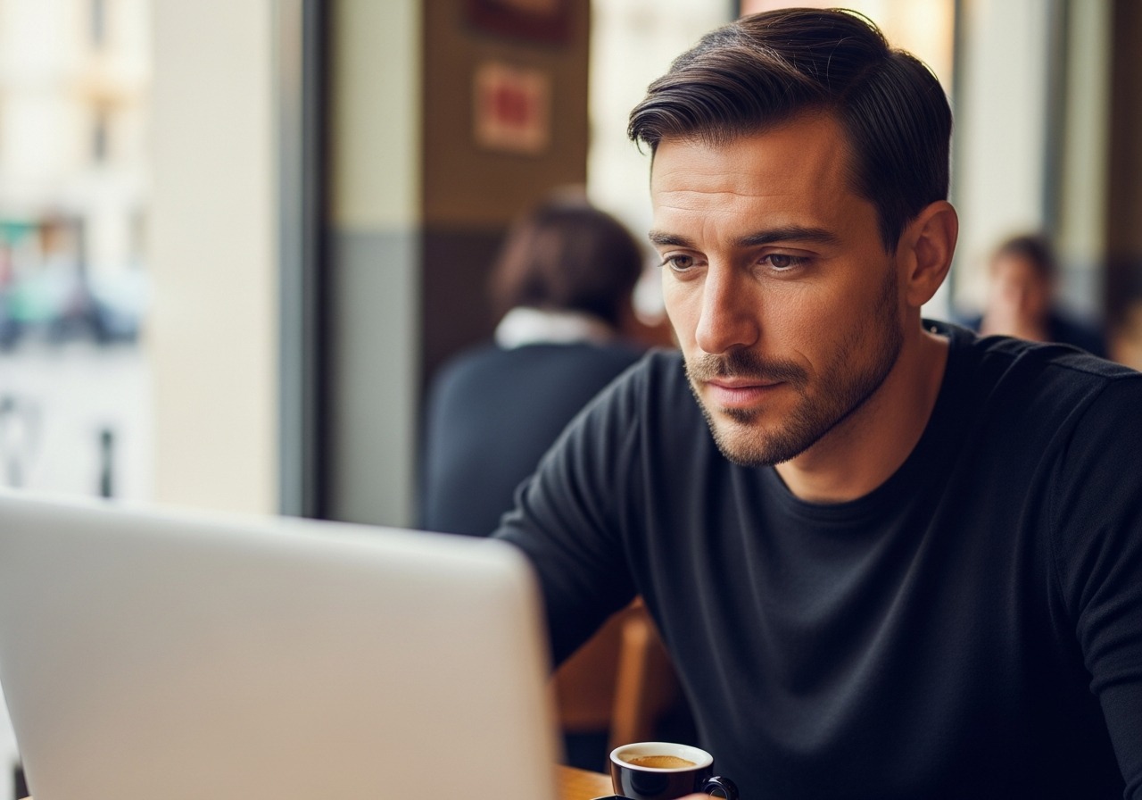 Luca Ferretti lavora al laptop — ricerca veicoli sui portali europei